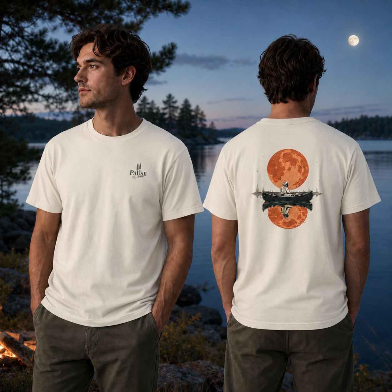 Moonlit Pause — Astronaut Canoe Graphic T-Shirt
