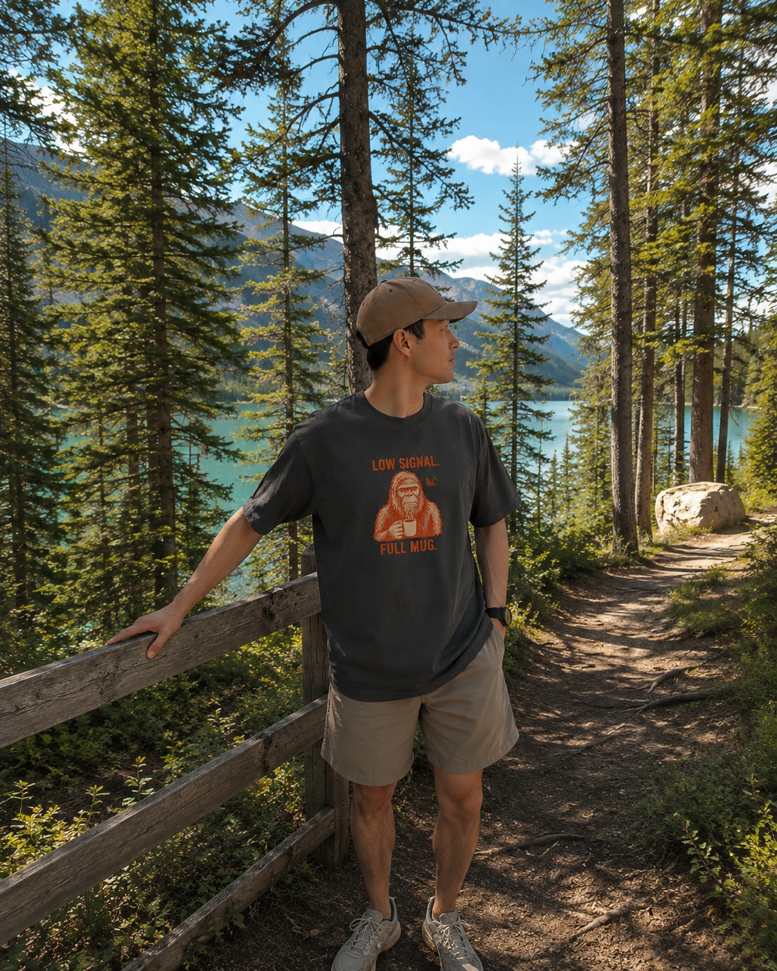 Low Signal Full Mug camping coffee T-shirt lifestyle mockup
