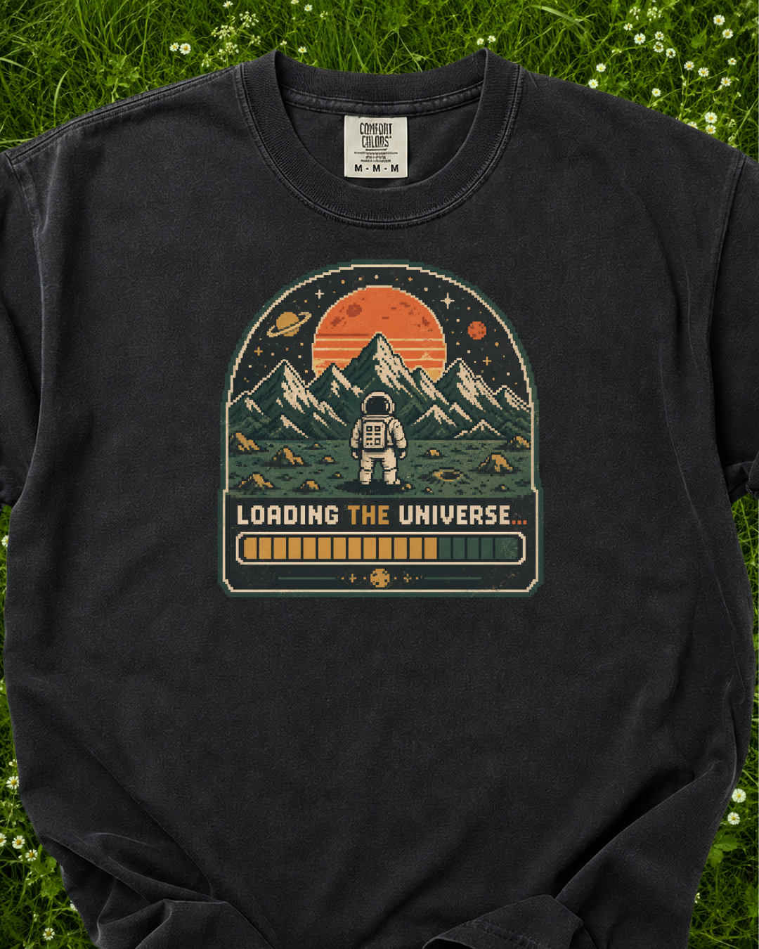 Loading the Universe astronaut graphic T-shirt product mockup