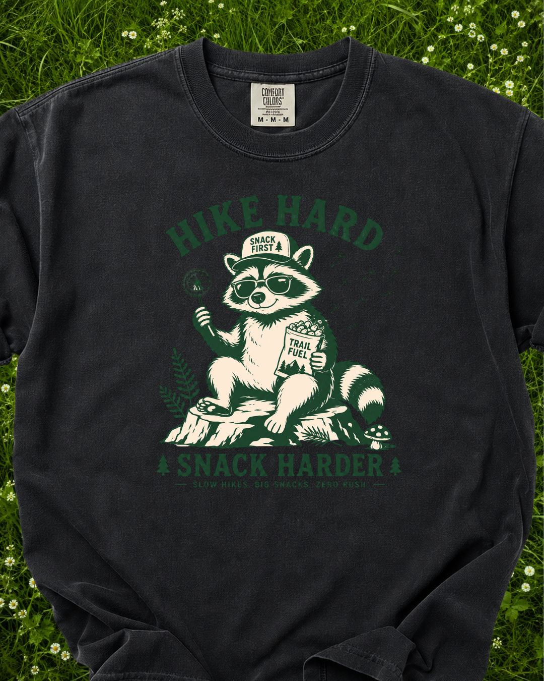 Hike Hard Snack Harder raccoon hiking T-shirt product mockup