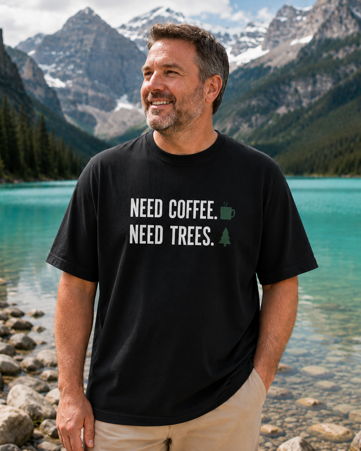 Need Coffee Need Trees graphic T-shirt lifestyle mockup