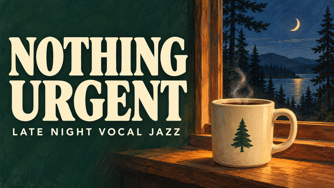 Nothing Urgent late-night vocal jazz playlist, with a pine-tree coffee mug and a moonlit forest.