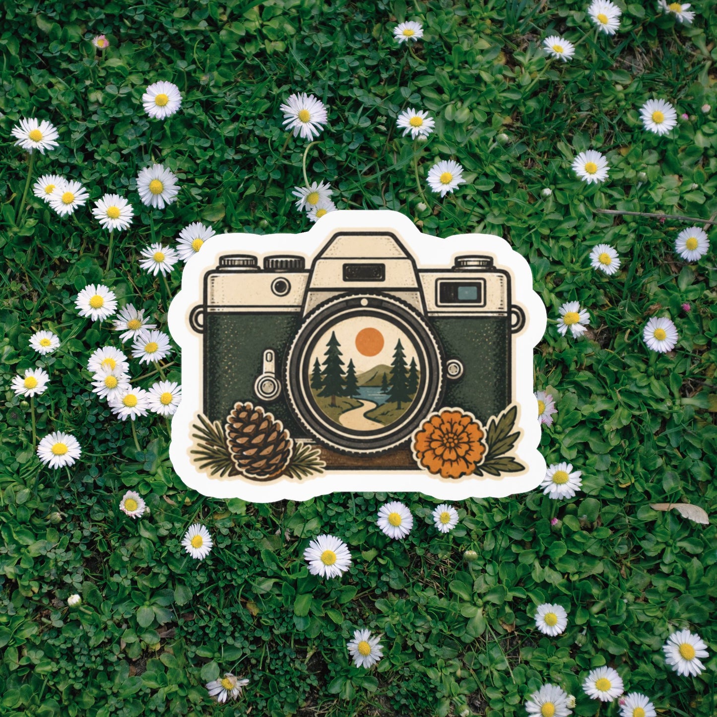 Retro camera mountain sunset nature sticker product image