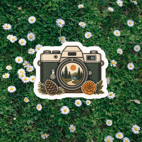 Retro camera mountain sunset nature sticker product image