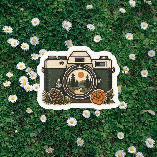Retro camera mountain sunset nature sticker product image