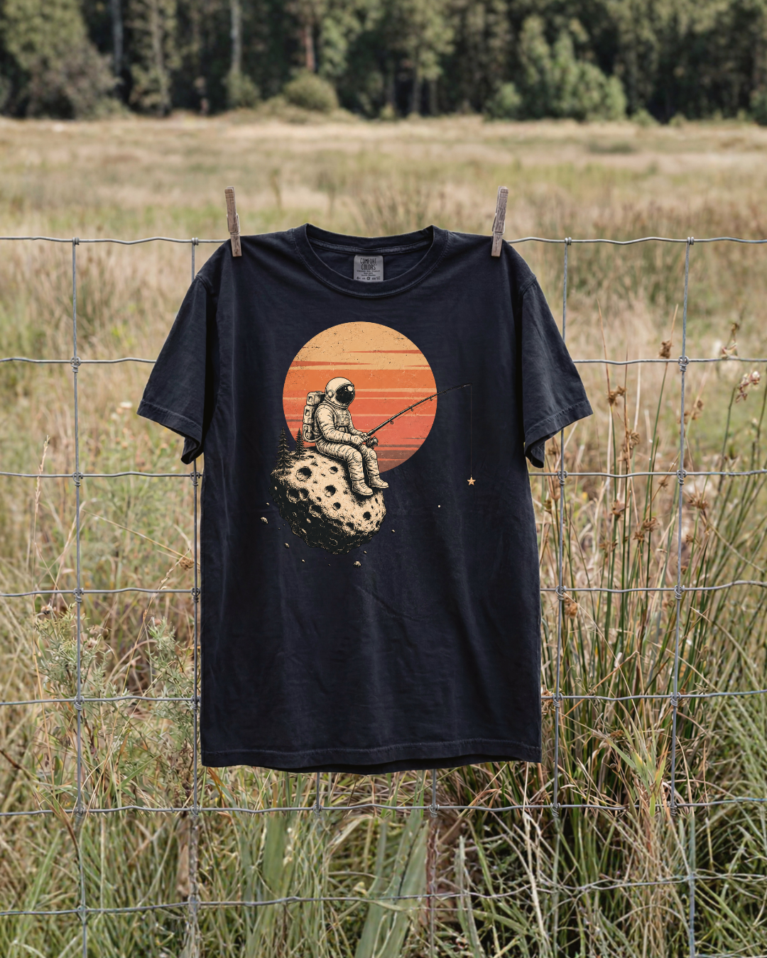 Fishing for Stars astronaut graphic T-shirt lifestyle mockup