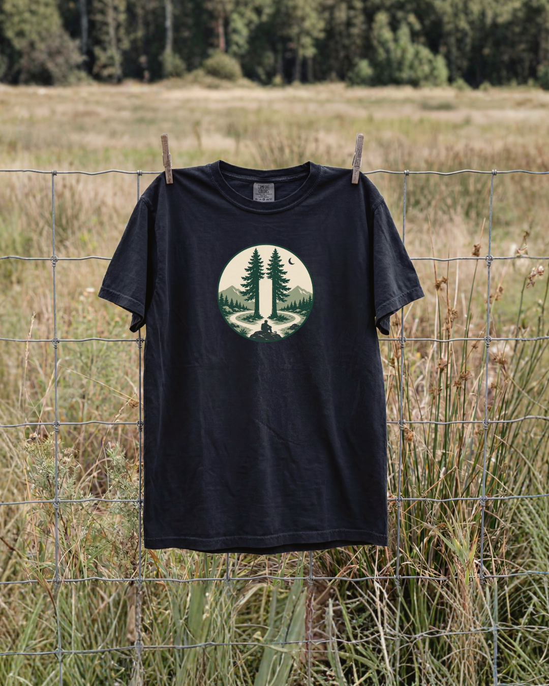 Pause Between the Pines forest graphic T-shirt lifestyle mockup
