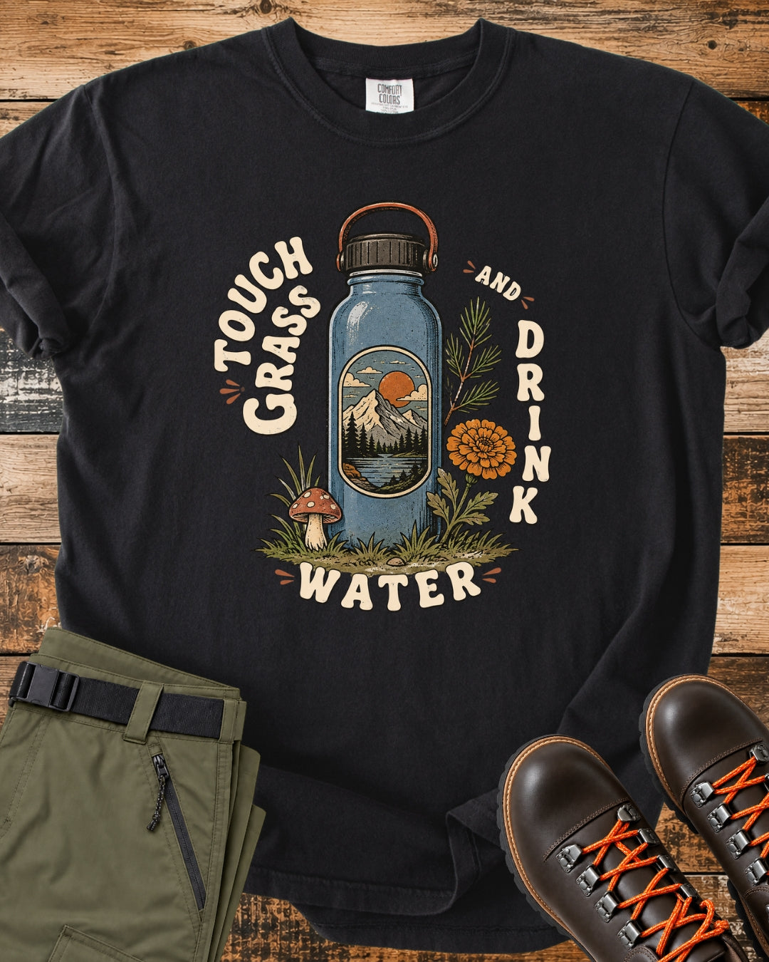 Touch Grass and Drink Water graphic T-shirt product mockup