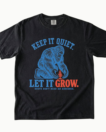 Keep It Quiet Let It Grow Bigfoot graphic T-shirt product mockup