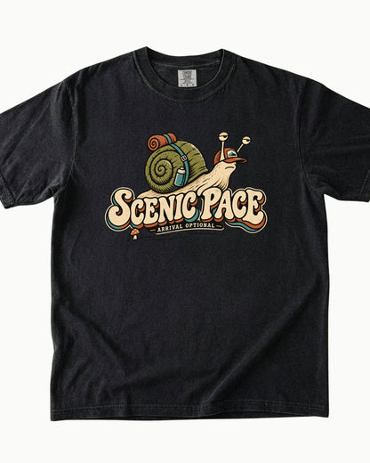 Scenic Pace snail hiking graphic T-shirt product mockup