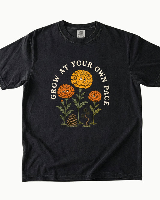 Grow at Your Own Pace nature graphic T-shirt product mockup