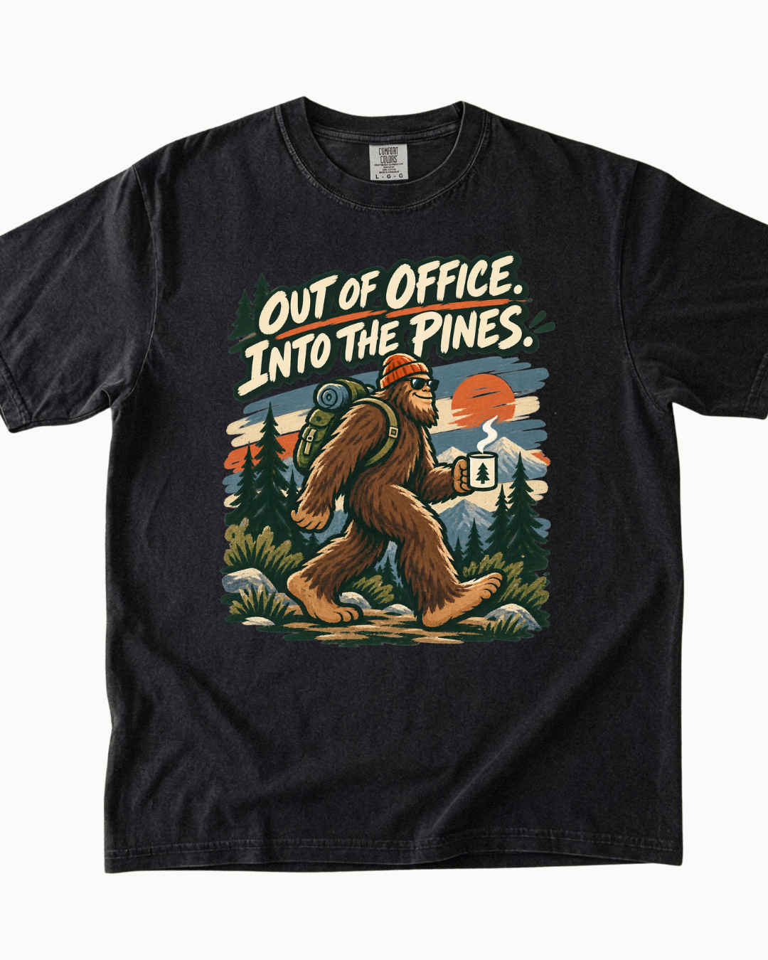Out of Office Into the Pines Bigfoot sunset T-shirt product mockup