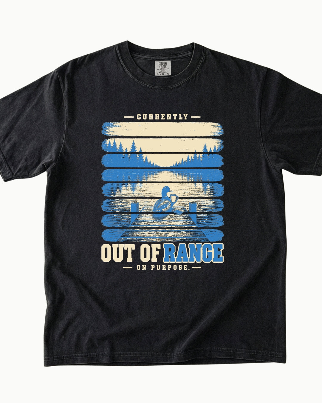 Out of Range on Purpose canoe mountain lake T-shirt product mockup