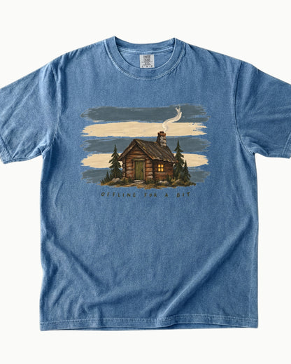 Offline for a Bit cabin nature graphic T-shirt product mockup