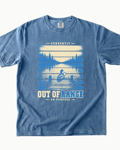 Out of Range on Purpose canoe mountain lake T-shirt alternate view 2