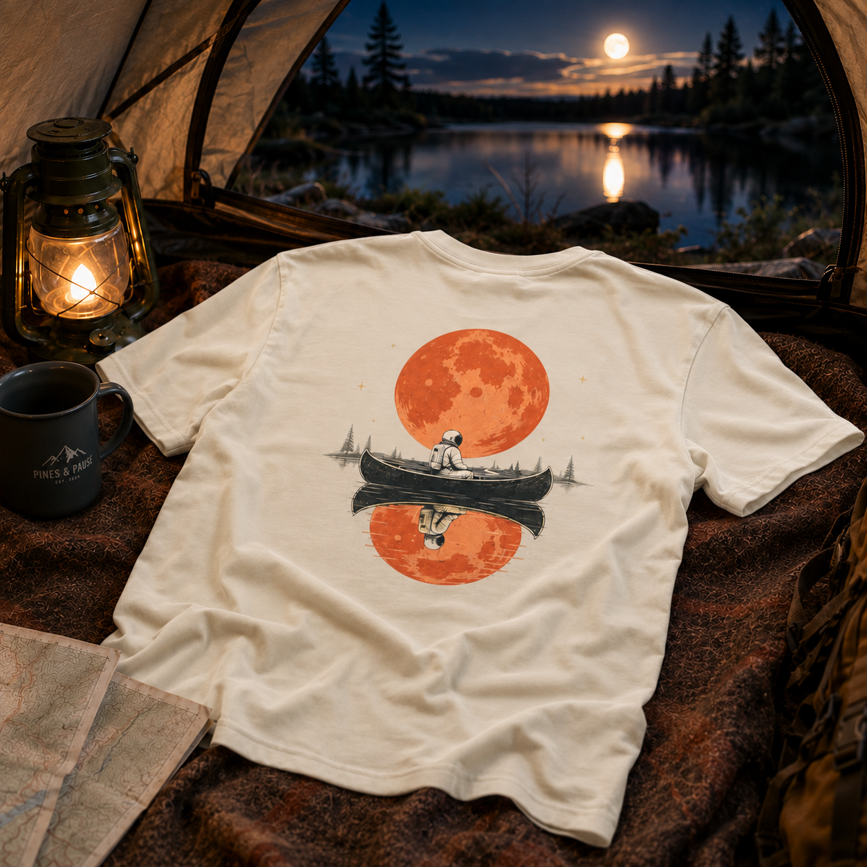 Moonlit Pause — Astronaut Canoe Graphic T-Shirt