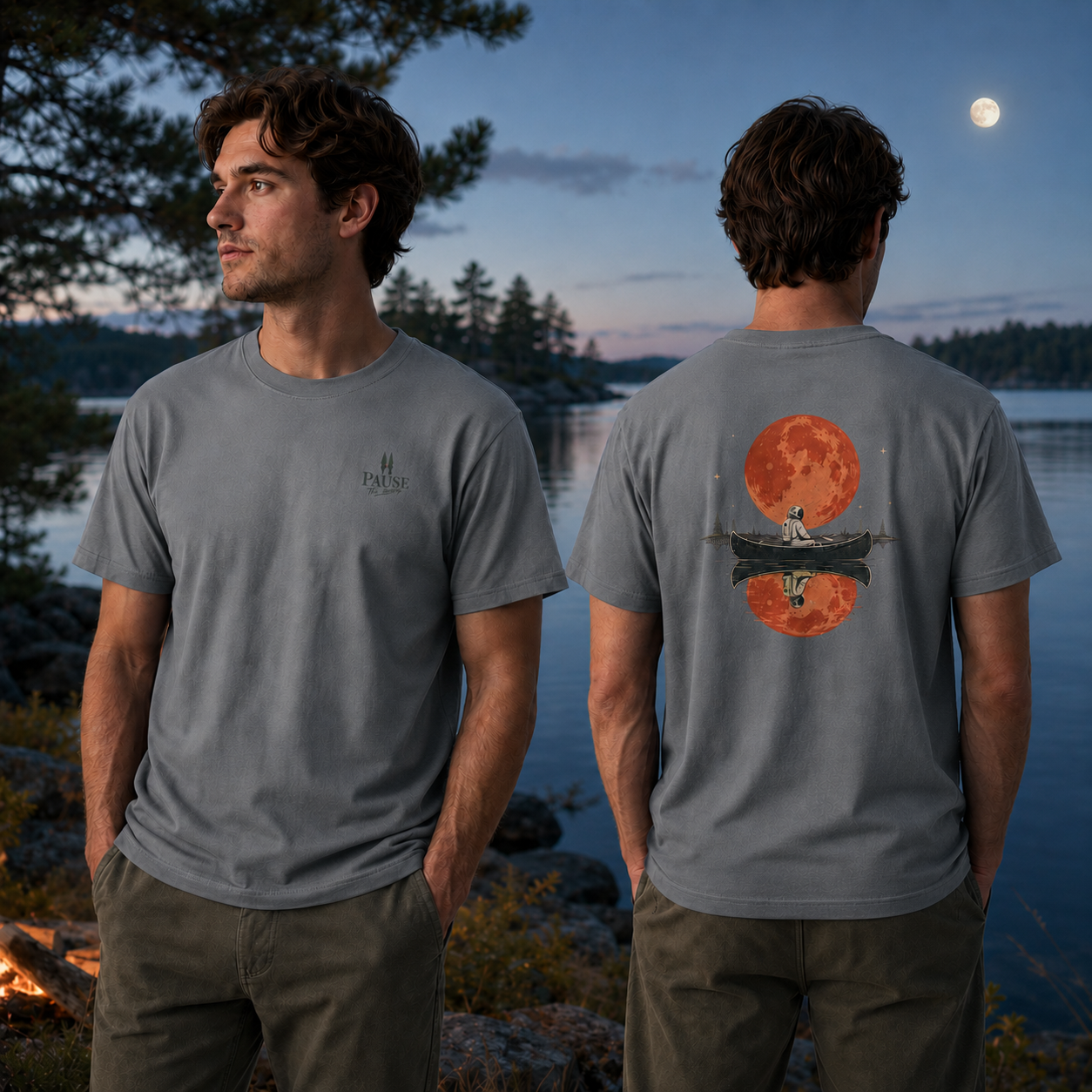 Moonlit Pause — Astronaut Canoe Graphic T-Shirt