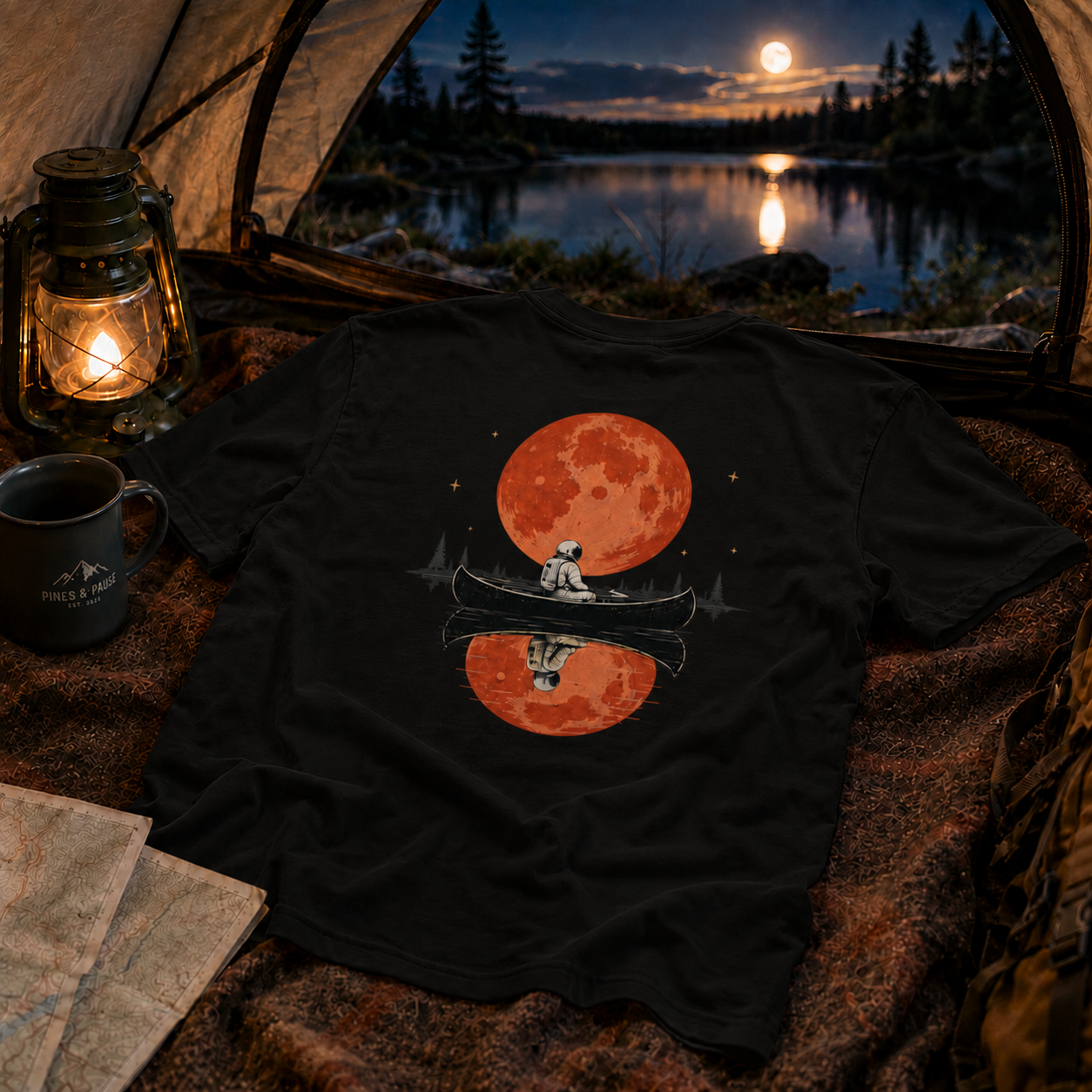 Moonlit Pause — Astronaut Canoe Graphic T-Shirt