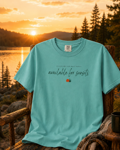 Available for Sunsets — Relaxed Outdoor Graphic T-Shirt