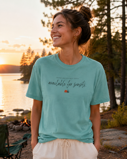 Available for Sunsets — Relaxed Outdoor Graphic T-Shirt