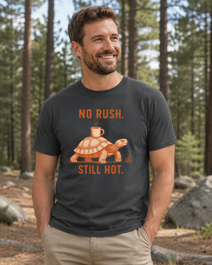 No Rush Still Hot turtle coffee T-shirt lifestyle mockup