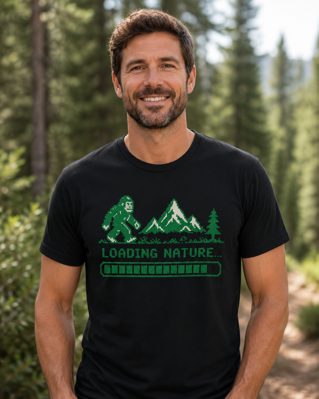 Nature Loading Bigfoot gaming T-shirt lifestyle mockup