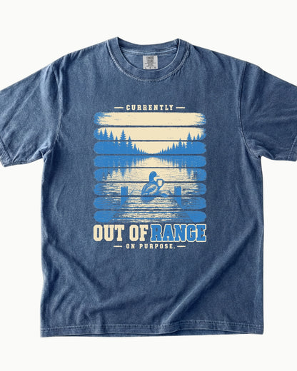 Out of Range on Purpose canoe mountain lake T-shirt alternate view 3