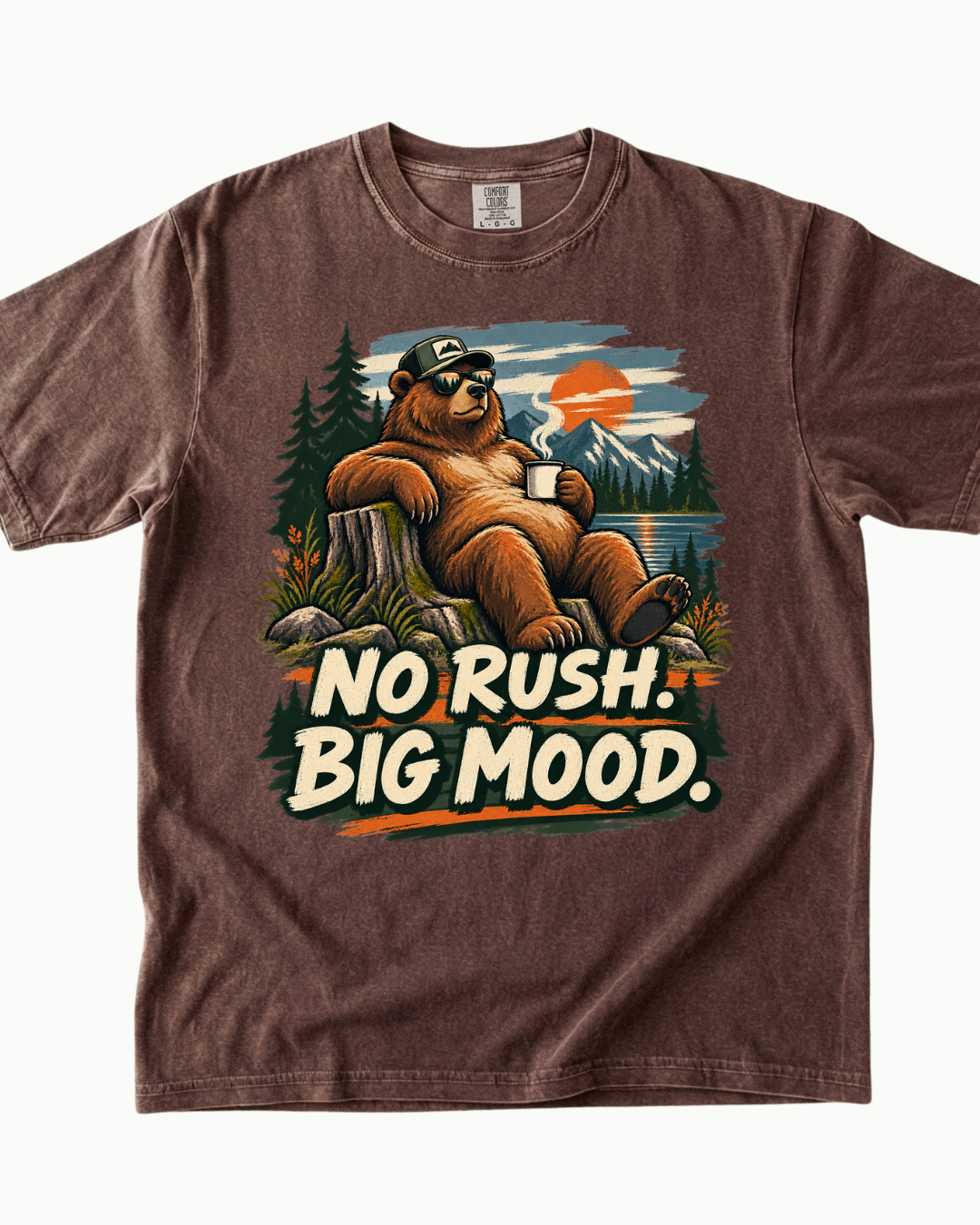 No Rush Big Mood bear mountain sunset T-shirt product mockup