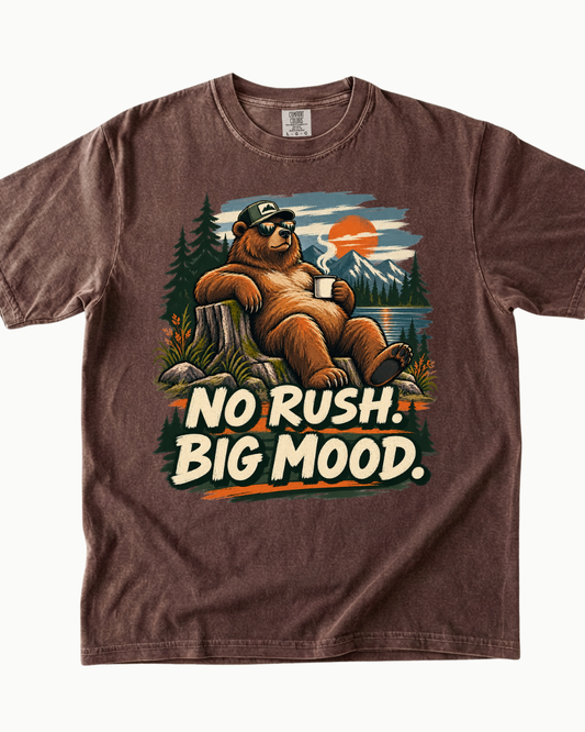 No Rush Big Mood bear mountain sunset T-shirt product mockup