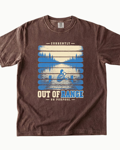 Out of Range on Purpose canoe mountain lake T-shirt alternate view 6