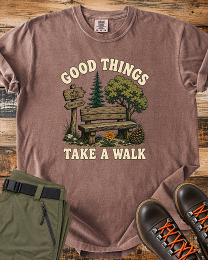 Good Things Take a Walk graphic T-shirt product mockup