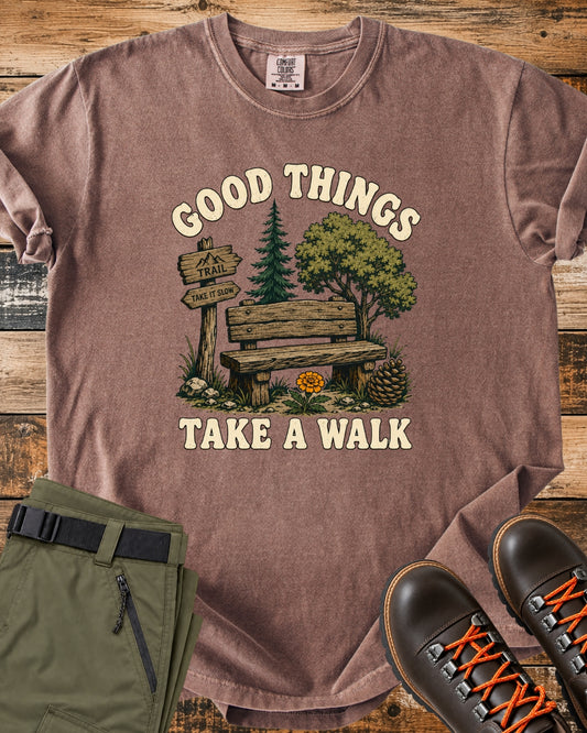 Good Things Take a Walk graphic T-shirt product mockup