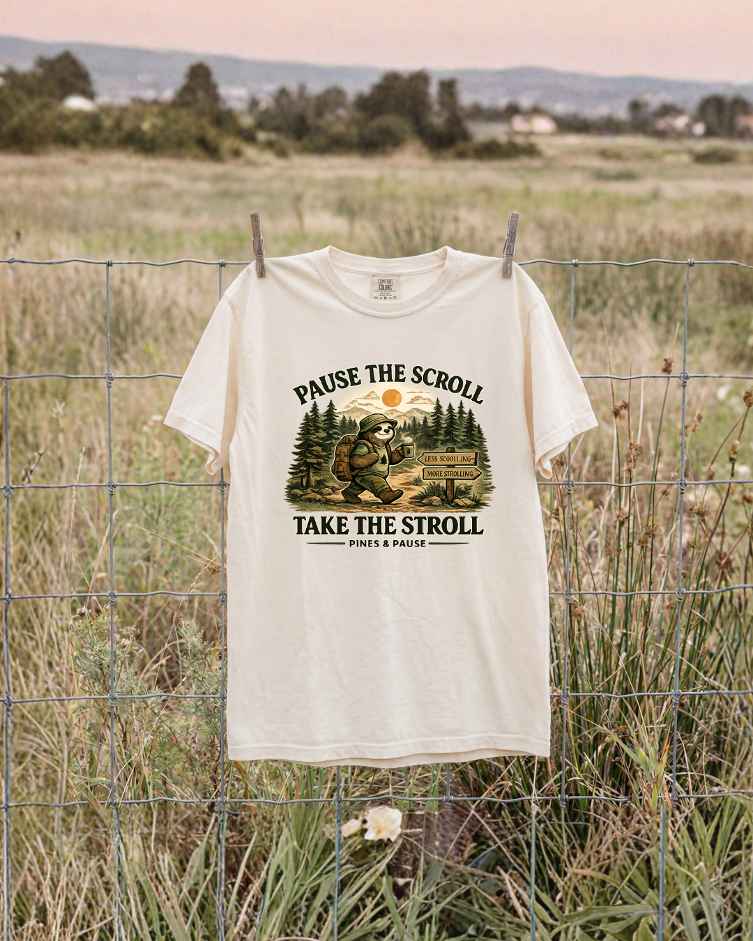 Pause the Scroll Take the Stroll graphic T-shirt lifestyle mockup