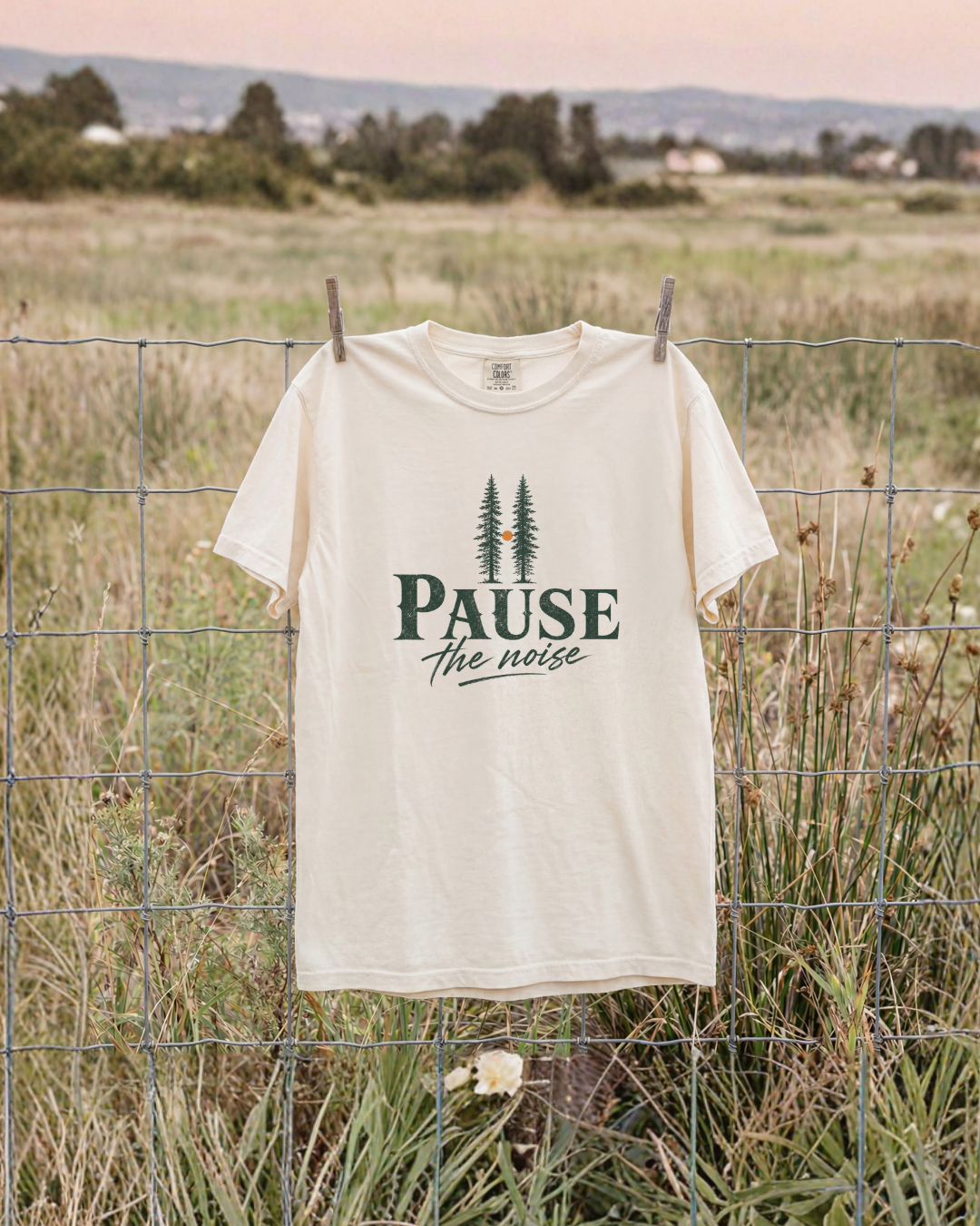 Pause the Noise nature graphic T-shirt lifestyle mockup