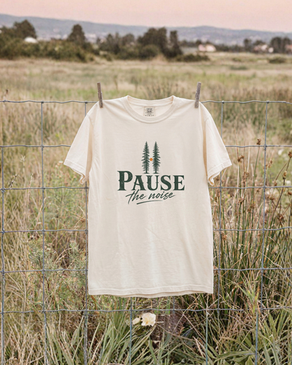 Pause the Noise nature graphic T-shirt lifestyle mockup