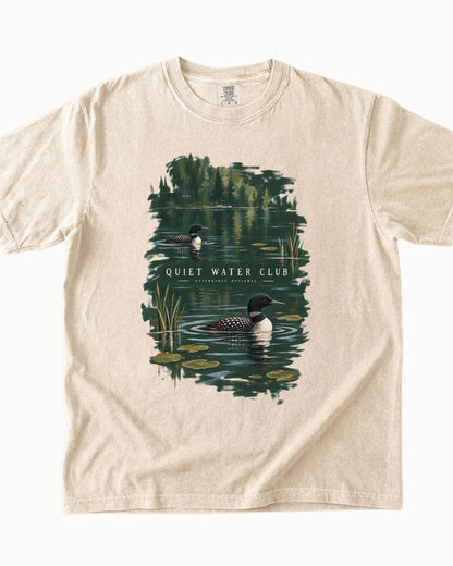 Quiet Water Club loon lake graphic T-shirt product mockup