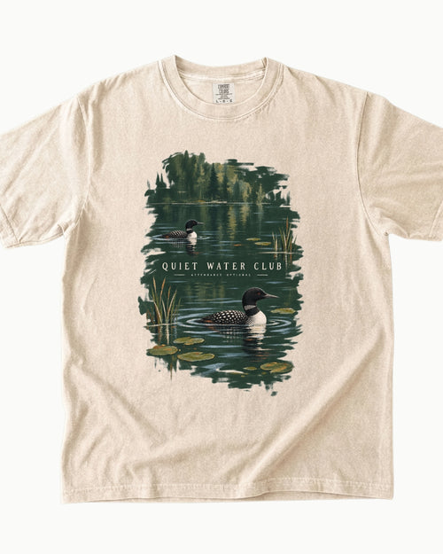 Quiet Water Club loon lake graphic T-shirt product mockup