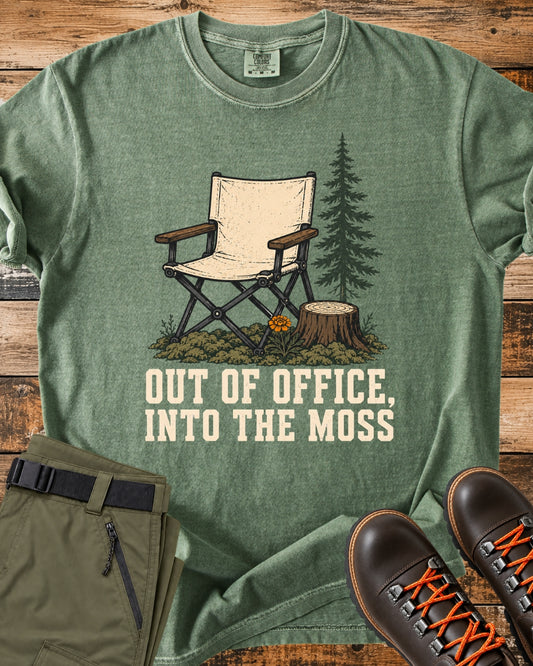 Out of Office Into the Moss graphic T-shirt product mockup