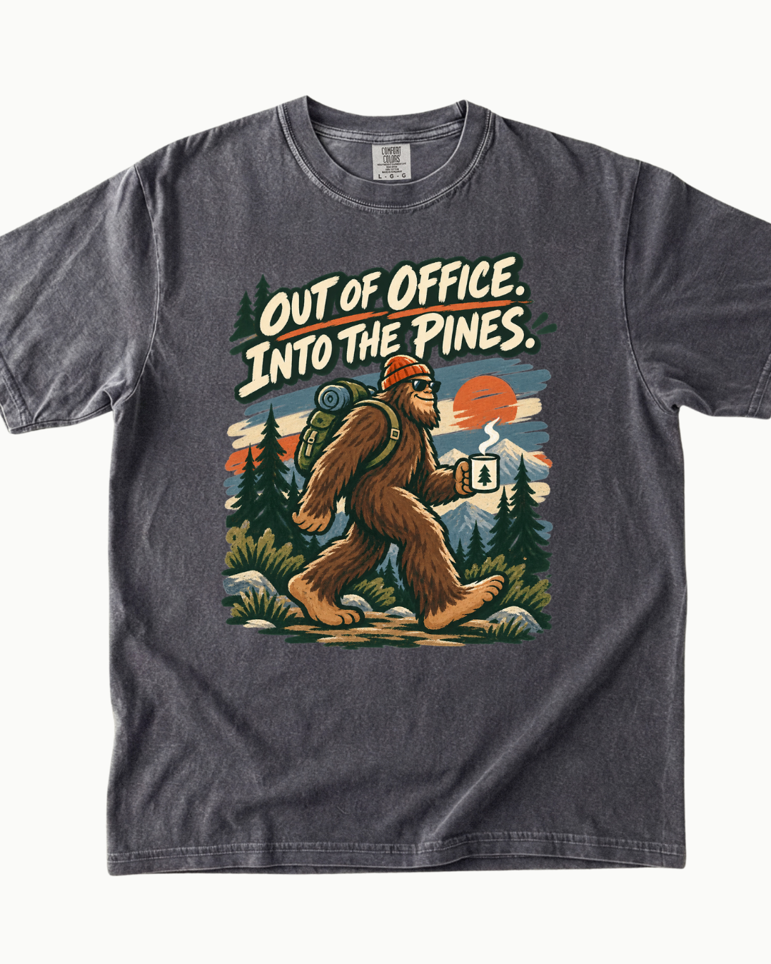Out of Office Into the Pines Bigfoot sunset T-shirt alternate view 5