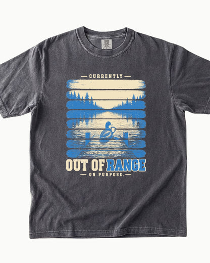 Out of Range on Purpose canoe mountain lake T-shirt alternate view 5
