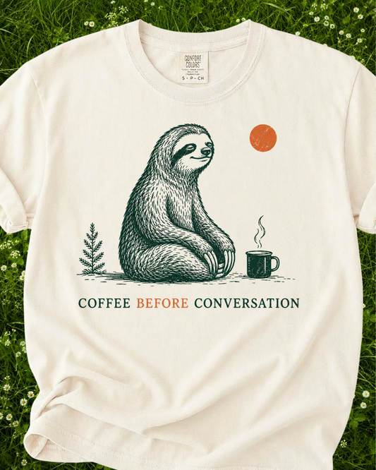 Coffee Before Conversation graphic T-shirt product mockup