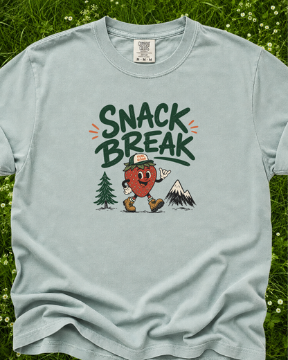 Snack Break strawberry outdoor graphic T-shirt product mockup