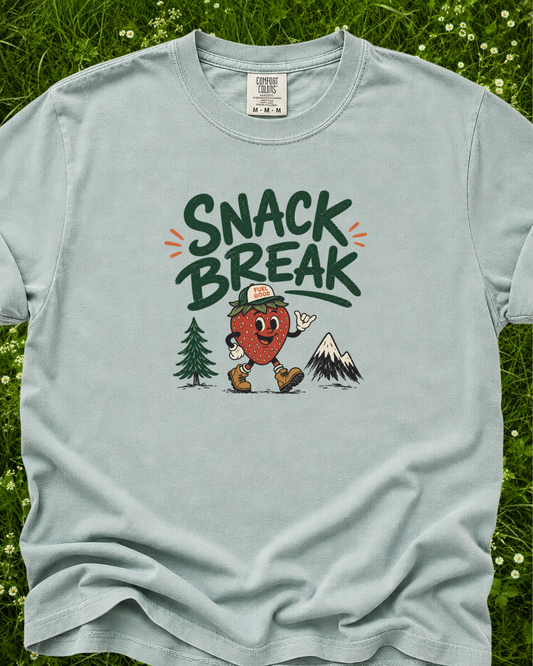 Snack Break strawberry outdoor graphic T-shirt product mockup