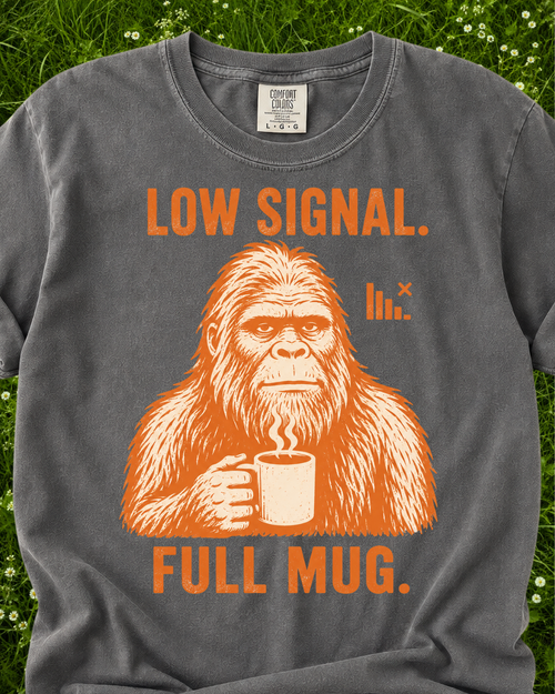 Low Signal Full Mug camping coffee T-shirt product mockup