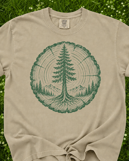 Tree Ring and Mountain nature graphic T-shirt product mockup