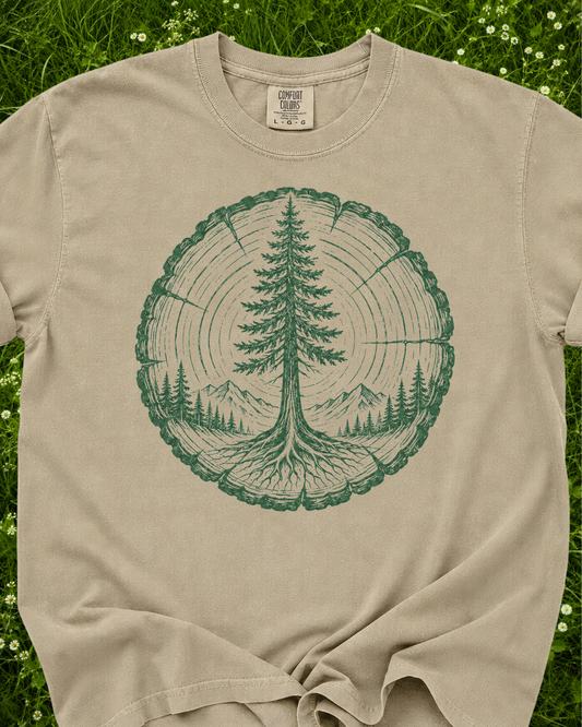 Tree Ring and Mountain nature graphic T-shirt product mockup