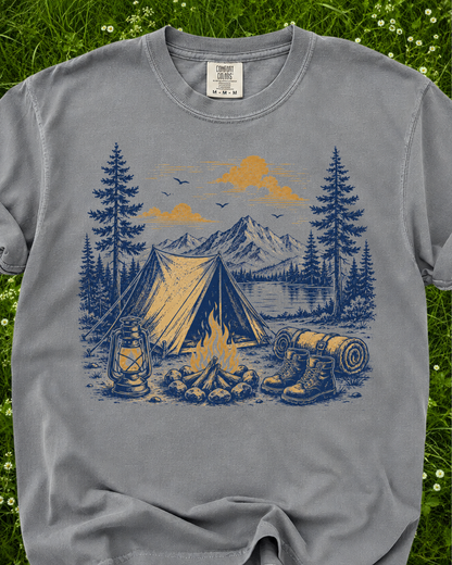 Quiet Camp vintage camping T-shirt product mockup