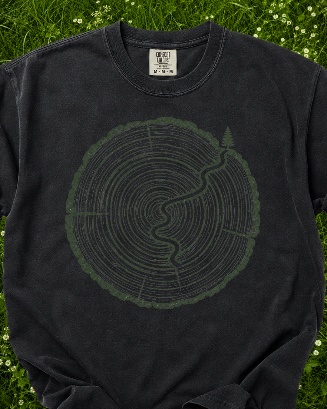 Trail Through Time tree ring graphic T-shirt product mockup