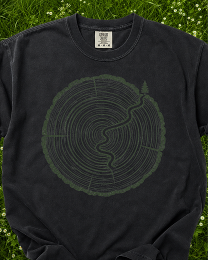 Trail Through Time tree ring graphic T-shirt product mockup