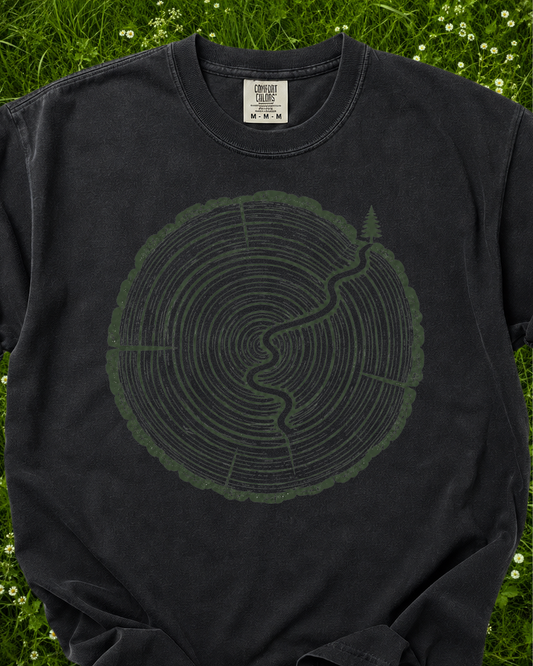 Trail Through Time tree ring graphic T-shirt product mockup